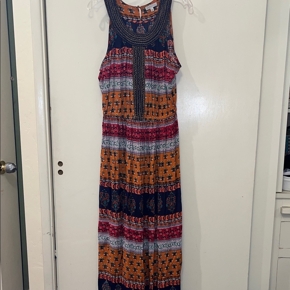 Patrons of Peace Multicolor Striped Boho Maxi Dress - Navy, Mustard & Pink